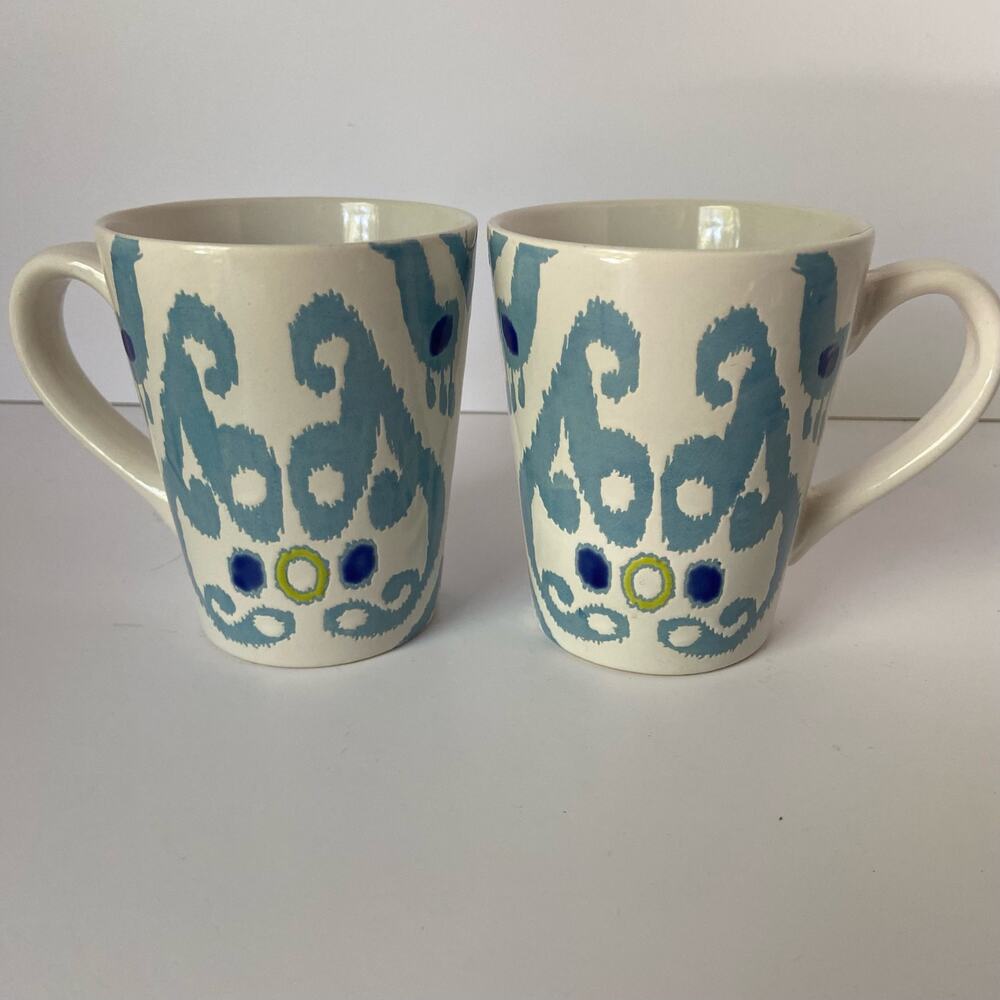 2 Rachael Ray Coffee Mug Cup IKAT blue hand painted